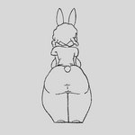 anthro big_breasts big_butt bottomwear breasts butt butt_focus butt_jiggle clothed clothing eyebrows eyewear female glasses hair huge_butt jiggling looking_back pants rabbit_ears rear_view shirt sitting solo t-shirt tail thick_eyebrows tight_clothing topwear mkiiisystem almia lagomorph leporid mammal rabbit 1:1 animated low_res monochrome short_playtime