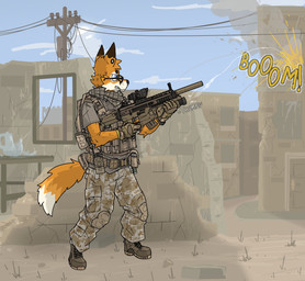 anthro armor armor_plates belt belt_pouch blue_eyes boots bulletproof_vest city city_background city_destruction clothing combat_boots destruction ear_piercing ears_up eyewear footwear fox_tail fur glasses gloves gun handwear holding_gun holding_object holding_ranged_weapon holding_rifle holding_weapon male military military_clothing military_gloves military_jacket military_pants military_uniform orange_body orange_fur piercing ranged_weapon rifle scarf shoes shooting_gun soldier solo tail topwear uniform vest warrior weapon wearing_glasses white_body white_fur ricthecusco chris_the_fox_(bartek22) canid canine fox mammal red_fox true_fox hi_res