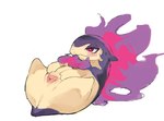 blush chibi female feral genitals purple_body pussy red_eyes simple_background smile solo spread_pussy spreading white_background yellow_body ramssa nintendo pokemon generation_8_pokemon hisuian_form hisuian_typhlosion pokemon_(species) regional_form_(pokemon)