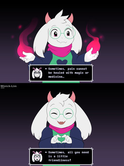 4_fingers anthro clothed clothing dialogue eyebrows eyes_closed eyewear fingers fur glasses horn pink_clothing pink_horn round_glasses solo text text_box white_body white_ears white_fingers white_fur white_hands winick-lim deltarune undertale_(series) ralsei bovid caprine darkner goat mammal 2022 3:4 absurd_res digital_media_(artwork) english_text hi_res