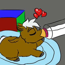 ambiguous_feral ambiguous_gender baby_bottle bottle brown_body brown_fur container container_of_milk drinking_milk eyes_closed feral fur grey_hooves hair happy heart_symbol hooves lying neonate pillow side_view solo tail toy_block white_hair white_tail wings young young_ambiguous young_feral qwertytf fluffy_pony mythology equid equine fluffy_pony_(species) mammal mythological_creature mythological_equine pegasus 1:1 2025 digital_media_(artwork) flat_colors hi_res