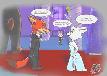 anthro camera clothed clothing eye_contact female looking_at_another male party solo suit text nickofthebra disney marvel spider-man_(series) zootopia judy_hopps nick_wilde skye_(zootopia) bear canid canine deer european_rabbit fox lagomorph leporid mammal moose new_world_deer oryctolagus polar_bear rabbit red_fox true_fox ursine 2026 absurd_res colored crossover english_text hi_res