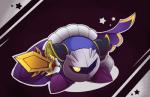 ambiguous_gender armor black_background blue_body boots cape clothing footwear galaxia_(sword) gloves handwear looking_at_viewer mask not_furry pauldron shoes simple_background solo star sword_pointing warrior white_background yellow_eyes theakanemnon kirby_(series) nintendo meta_knight alien waddling_head hi_res