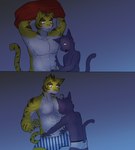 anthro blue_background blue_eyes blush cat_tail clothing countershading duo eyebrows fur male male/male markings muscular muscular_male pink_nose purple_body purple_fur red_clothing red_topwear shirtless_male simple_background striped_markings striped_tail stripes tail tail_markings tiger_tail topwear underwear yellow_body yellow_eyes yellow_fur paomer morenatsu shin_(morenatsu) torahiko_(morenatsu) domestic_cat felid feline felis mammal pantherine tiger 2016 hi_res