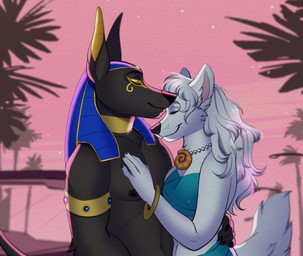 5_fingers anthro anthro_on_anthro bandeau black_body black_fur black_nose breasts clothed clothed_anthro clothed_female clothing duo egyptian egyptian_clothing egyptian_headdress eyebrows eyes_closed female fingers fur hair headdress humanoid_hands interspecies male nemes nipple_outline nipples romantic romantic_ambiance romantic_couple smile standing topwear white_body white_fur white_hair lustrum anpaytoo jibade anubian_jackal canid canine canis jackal mammal wolf 2026 digital_media_(artwork) hi_res