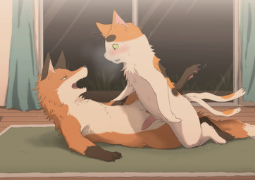 2_tails 3_fingers balls bent_legs black_body black_fur blush breath embarrassed erection fangs feet female fingers fur genitals green_sclera half-closed_eyes inside looking_at_another looking_at_partner lying male male/female multi_tail narrowed_eyes nude nude_female nude_male on_back on_ground open_mouth orange_body orange_eyes orange_fur pawpads rug serious tail teeth toes vulva white_body white_fur ptkd asian_mythology east_asian_mythology japanese_mythology mythology tonari_no_yokai-san buchio canid canine domestic_cat felid feline felis fox mammal nekomata yokai 2025
