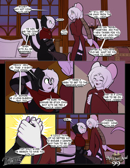 anthro arm_warmers armwear asian_clothing bed black_hair blush braided_hair candle chinese_clothing clothing dialogue duo east_asian_clothing evening eyes_closed fur furniture green_eyes hair hand_holding legwear looking_at_another male male/male pillow red_eyes shirt star stockings text topwear treasure_chest tunic white_body white_fur white_hair window thibbycat mickey_(thibbycat) xin_(thibbycat) mammal mephitid mouse murid murine rodent skunk comic english_text hi_res