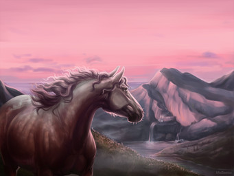 ambiguous_feral ambiguous_gender curly_hair detailed_background feral fur grass grey_body grey_fur grey_mane hair looking_away mane mountain nature nature_background pink_light plant solo_cup text waterfall whiskers beesa draft_horse equid equine horse mammal 4:3 digital_media_(artwork) digital_painting_(artwork) hi_res painting_(artwork) signature