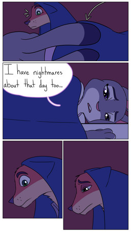 anthro bedding blanket dialogue duo female fur grey_body grey_fur lying male on_side orange_body orange_fur pointy_ears rabbit_ears text worried hahstudios disney zootopia judy_hopps nick_wilde canid canine european_rabbit fox lagomorph leporid mammal oryctolagus rabbit red_fox true_fox comic english_text