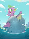 aircraft anthro balloon big_diaper blush cloud diaper giant_cub green_eyes hot_air_balloon inflatable looking_back macro male partially_submerged purple_body purple_scales raised_leg scales sea solo tail unclean_diaper vehicle water waterlogged_diaper young young_anthro tenerius friendship_is_magic hasbro my_little_pony mythology background_character spike_(mlp) twilight_sparkle_(mlp) dragon mythological_creature mythological_scalie scalie 2024 absurd_res hi_res