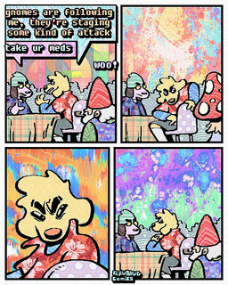 4_panel_comic aloha_shirt beanie clothing dialogue eyewear floppy_ears fur glasses group half-closed_eyes hat headgear headwear humor male narrowed_eyes object_in_mouth pattern_clothing pattern_shirt pattern_topwear purple_body purple_fur shirt smoking_pipe smoking_pipe_in_mouth speech_bubble text tinted_glasses topwear trio yellow_body yellow_fur rawdawgcomics stahli_(rawdawgcomics) bird_dog canid canine canis domestic_dog gnome golden_retriever humanoid hunting_dog mammal retriever 4:5 comic english_text hi_res