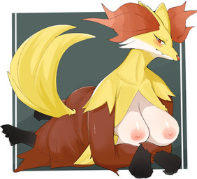 anthro areola big_breasts blush breasts female fur inner_ear_fluff looking_at_viewer nipples nude pink_areola pink_nipples pokemorph solo tuft yellow_body akchi nintendo pokemon canid canine delphox generation_6_pokemon mammal pokemon_(species) hi_res