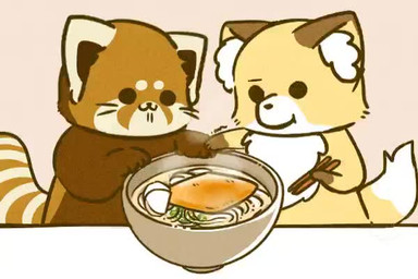 ambiguous_gender biped bodily_fluids brown_body brown_fur chibi dot_eyes drooling duo feral food fur saliva simple_eyes tail tail_motion tailwag tongue tongue_out udon shi_nominmin ailurid canid canine fox mammal red_panda 2020 3:2 animated no_sound short_playtime video