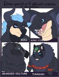 alternate_species annoyed anthro beak black_beak black_body black_ears black_face black_feathers black_fur black_horn black_nose black_scales blue_ears blue_eyes blue_mane blue_markings blue_pseudo_hair cheek_tuft closed_frown closed_smile dipstick_ears ear_markings facial_markings facial_tuft fangs feathers fur half-closed_eyes head_markings head_tuft horn leaf looking_forward male mane manly markings membrane_(anatomy) mouth_closed multicolored_body multicolored_ears multicolored_scales muscular muscular_anthro muscular_male narrowed_eyes neck_tuft open_mouth pink_membrane pink_tongue pseudo_hair scales sharp_teeth smile tan_body tan_face tan_markings tan_scales teeth text tongue tuft two_tone_body two_tone_ears two_tone_face two_tone_scales heyimteedo vonnes_(heyimteedo) accipitrid accipitriform avian bearded_vulture bird bovid bovine canid canine cattle cobra elapid_(snake) king_cobra mammal old_world_vulture raccoon_dog reptile scalie snake tanuki vulture 2021 colored digital_drawing_(artwork) digital_media_(artwork) english_text flat_colors hi_res