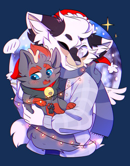 anthro bell bell_collar blue_eyes blue_scarf blush clothed clothing collar daww duo fangs feral fur glistening glistening_eyes grey_body grey_fur grin holding_another looking_aside one_eye_closed scarf semi-anthro size_difference smile sparkles speech_bubble string_lights teeth white_body white_fur bloominglynx canid mammal absurd_res alpha_channel hi_res