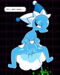 blue_body blush bodily_fluids butt clothed clothing clothing_lift female floating genital_fluids genitals hat headgear headwear looking_away nude peeing presenting simple_background solo speech_bubble spread_legs spreading text unusual_bodily_fluids unusual_genital_fluids unusual_urine urine urine_stream vaginal_fluids vulva water watersports vetero deltarune undertale_(series) darkner elemental_creature humanoid mizzle_(deltarune) water_creature absurd_res digital_media_(artwork) hi_res