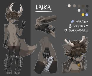 anthro antlers bell bell_collar boots brown_body brown_fur clothing collar eye_patch eyewear femboy footwear fur gloves gun handgun handwear horn legwear male ranged_weapon revolver shoes text thigh_highs weapon yellow_eyes solidaksel canid canine canis deer mammal wolf absurd_res english_text hi_res model_sheet