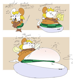 anthro belly belly_expansion belly_overhang blonde_hair bottomwear cheese clothing dairy_products dialogue eating eating_food expansion female food fur hair morbidly_obese morbidly_obese_anthro morbidly_obese_female obese obese_anthro obese_female overweight overweight_anthro overweight_female panties scarf skirt solo text underwear weight_gain white_body white_fur miss-that-man moushley mammal mouse murid murine rodent comic english_text
