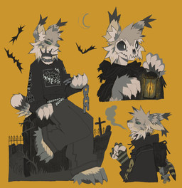 anthro barefoot black_bag black_clothing black_collar black_nose black_shirt black_topwear bone bone_mask brown_body brown_fur cemetery chain_necklace cheek_tuft closed_smile clothed clothed_anthro clothed_male clothing collar countershading crescent_moon cross ear_tuft facial_tuft feet fingerless_(marking) fully_clothed fully_clothed_anthro fully_clothed_male fur grass green_body green_eyes green_feet green_fur green_sclera grey_feet grey_grass grey_tail holidays inner_ear_fluff jewelry male mask moon mouth_closed multicolored_body multicolored_fur multicolored_tail necklace plant shirt sitting sitting_on_tombstone skull skull_mask smile smoke smoking solo spiked_collar spikes tail tan_body tan_countershading tan_feet tan_fingers tan_fur tan_inner_ear_fluff tan_tail tombstone topwear toy tuft thorn_paw halloween felid feline lynx mammal 2025 digital_drawing_(artwork) digital_media_(artwork) hi_res multiple_images