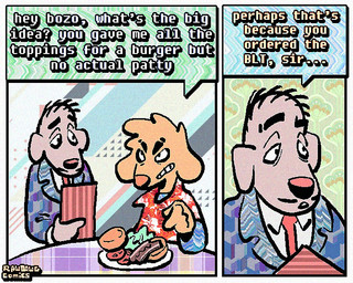 aloha_shirt annoyed anthro clothing comb_over dialogue duo facial_hair floppy_ears food fur half-closed_eyes humor male mustache narrowed_eyes necktie pattern_clothing pattern_shirt pattern_topwear sandwich_(food) shirt speech_bubble suit suit_jacket text topwear yellow_body yellow_fur rawdawgcomics stahli_(rawdawgcomics) bird_dog canid canine canis domestic_dog golden_retriever hunting_dog mammal retriever 5:4 comic english_text