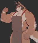anthro apron apron_only armpit_hair barazoku body_hair breasts chest_hair cleavage clothed clothing eyewear facial_hair flexing flexing_bicep glasses goatee grey_background hair inner_ear_fluff looking_at_viewer male muscular muscular_anthro muscular_male nipple_piercing nipple_ring nipples pecs piercing ring_piercing sideburns simple_background smoke solo tail thick_thighs tuft wearing_glasses mr_nellory vlad_(nellory) canid canine fox mammal digital_drawing_(artwork) digital_media_(artwork) hi_res