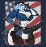 abs american_flag animal_genitalia animal_penis anthro balls belt belt_buckle big_breasts black_penis blue_bottomwear blue_clothing blue_eyes blue_jeans blue_pants bottomwear breasts buckle chaps clothing cowboy_hat denim denim_bottomwear denim_clothing equine_genitalia equine_penis erection eyewear fingerless_gloves genitals glasses gloves gun gun_holster gynomorph handgun handwear hat headgear headwear holster holstered_pistol intersex jeans medial_ring muscular muscular_gynomorph muscular_intersex pants pattern_clothing pattern_shirt pattern_topwear penis pistol plaid plaid_clothing plaid_shirt plaid_topwear ranged_weapon shirt solo stripes thong_straps topwear united_states_of_america weapon wmdiscovery93 nika_sharkeh fish marine shark hi_res