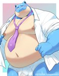 2024 anthro anthrofied areola belly big_belly big_bulge big_moobs blastoise blu_(o-ro) blush border briefs bulge clothed clothing daddyfication dress_shirt generation_1_pokemon grey_background hi_res huge_bulge kemono male moobs navel necktie nintendo nipples non-mammal_nipples o-ro open_clothing open_shirt open_topwear overweight overweight_anthro overweight_male patreon pokemon pokemon_(species) pokemorph shirt simple_background smile solo standing teeth text thick_thighs tighty_whities topwear underwear url white_border white_briefs white_clothing white_underwear