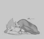 anthro bedding blanket breasts covering covering_self eyes_closed female fluffy fluffy_tail head_on_pillow inner_ear_fluff lying pillow sleeping solo sound_effects tail tuft vowelless vowelless_sound_effect zzz lichee pepper_(lichee) arctic_fox canid canine fox hybrid mammal mephitid skunk true_fox 2023 absurd_res hi_res monochrome