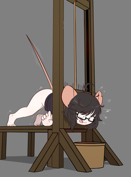 5_fingers 5_toes anthro bangs barefoot basket bite biting_own_tongue blade bottomless bottomless_female clothed clothing constricted_pupils container death death_piss decapitation dying execution eyewear feet female female_death fingers gesture glasses guillotine hair hand_gesture incontinence killing kneeling messy_hair motion_lines pain pupils ryona self_bite small_pupils solo toes tongue tongue_bite tongue_out e254e ririgaki mammal murid murine rat rodent absurd_res hi_res