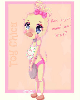 accessory anthro beak bib blue_eyes blush bow_(feature) bow_accessory bow_ribbon centered_hair_bow clothing eyelashes eyeshadow feathers female fingers hair hair_accessory hair_bow hair_ribbon heart_eyes heart_symbol looking_at_viewer machine makeup orange_body panties pink_cheeks plate ribbons small_tail solo standing tail tail_feathers takymi text underwear yellow_body yellow_feathers five_nights_at_freddy's five_nights_at_freddy's_2 scottgames toy_chica_(fnaf) animatronic avian bird chicken galliform phasianid robot 2015 english_text hi_res