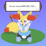 ambiguous_gender anthro blush bottomwear clothed clothing diaper grass heart_symbol jewelry kneeling legwear makeup necklace plant school_uniform simple_background skirt solo sparkles stick stockings text text_box uniform wearing_diaper stargal_galexi nintendo pokemon braixen generation_6_pokemon pokemon_(species) 1:1 english_text hi_res