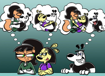 anthro black_hair blue_eyes clothed clothing crossed_arms duo fantasizing female female/female green_eyes group hair interspecies kissing leather leather_clothing male male/female narrowed_eyes shirt side_eye sitting smile squint sweater tan_body thought_bubble tongue tongue_out topwear trio white_body yellow_body shinragod nickelodeon t.u.f.f._puppy becky_(t.u.f.f._puppy) dudley_puppy kitty_katswell canid canine canis domestic_cat domestic_dog felid feline felis mammal 2012 colored