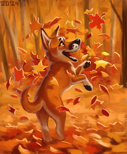 ambiguous_gender autumn autumn_leaves black_nose black_pawpads brown_eyes feral fur nature outside pawpads plant playing quadruped solo tan_body tan_fur tree white_paws white_underside alexpahomov canid canine canis domestic_dog herding_dog mammal pastoral_dog 2024 digital_media_(artwork) digital_painting_(artwork) hi_res painting_(artwork)
