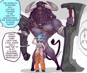abs anthro armor balls big_balls big_penis biped bottomwear clothed clothed_human clothed_male clothing crotch_lines duo eyelashes female front_view fully_clothed fully_clothed_human fully_clothed_male fur genitals hair hooves horn inside long_eyelashes male medial_ring muscular muscular_anthro muscular_male nude nude_anthro nude_male pecs penis quads serratus standing text thick_penis topwear unguligrade lluisabadias european_mythology greek_mythology mythology scp_foundation d-class bovid bovine human mammal minotaur 2026 absurd_res digital_drawing_(artwork) digital_media_(artwork) english_text hi_res