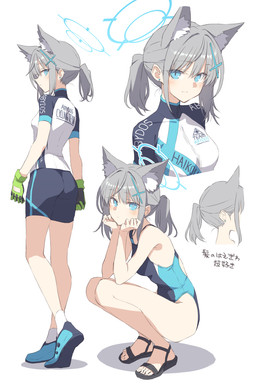 accessory blue_eyes bottomwear breasts butt clothing crouching ear_piercing ear_stud eyebrows eyelashes female footwear gloves grey_hair hair hair_accessory halo hand_on_cheek handwear one-piece_swimsuit piercing ponytail sandals shirt shoes shorts small_breasts smile solo swimwear topwear satoukabi blue_archive nexon shiroko_(blue_archive) animal_humanoid canid canid_humanoid canine canine_humanoid humanoid mammal mammal_humanoid wolf_humanoid 2025 hi_res
