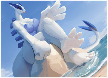 3_toes 4_fingers anthro beach big_breasts big_hands blue_body breasts crossed_legs feet female fingers huge_breasts on_rock rock sand sitting sitting_on_rock solo tail toes water white_body rz54 nintendo pokemon generation_2_pokemon legendary_pokemon lugia pokemon_(species) absurd_res hi_res