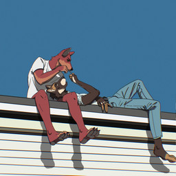anthro belt bottomless bottomwear brown_body building cigarette clothed clothing denim denim_bottomwear denim_clothing duo jeans male on_lap on_roof outside pants red_body rooftop shirt simple_background sitting sky smoking t-shirt topwear conkycorp canid canine canis mammal 1:1 digital_media_(artwork) hi_res