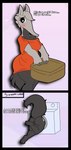 anthro appliance big_butt big_tail black_eyes blush bottomless butt clothed clothing dark_body dark_fur dialogue eyelashes female fur genitals grey_body grey_fur head_tuft laundry_machine orange_clothing orange_shirt orange_topwear pink_background pussy rear_view shirt simple_background solo stuck tail text thick_thighs topwear tuft washing_machine wide_hips xskullstomperx anteater mammal pilosan xenarthran english_text hi_res