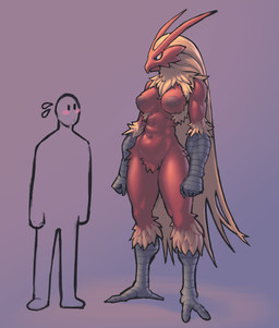abs ambiguous_gender anthro areola avian_arms avian_feet beak big_breasts blonde_hair blue_eyes breasts brown_areola brown_nipples crotch_tuft duo feathers female female_anthro front_view hair inverted_nipples larger_female long_hair muscular muscular_female navel neck_tuft nipples purple_background red_body red_feathers simple_background size_difference thick_thighs tuft wide_hips yellow_body yellow_feathers mootsider nintendo pokemon blaziken generation_3_pokemon human mammal pokemon_(species) absurd_res hi_res