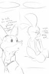 2:3 absurd_res anthro big_ears black_and_white canid canine comic dialogue disney duo english_text female flat_chested fox hi_res judy_hopps lagomorph leporid male mammal monochrome nick_wilde rabbit rear_view red_fox scut_tail short_tail sitting sketch tail text true_fox wugi zootopia