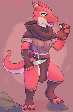 accessory anthro bag bottomwear claws clothed clothing dagger eyelashes female gloves handwear horn loincloth melee_weapon open_mouth red_body ring rock scales simple_background solo standing tail toe_claws weapon yellow_eyes adra_(artist) zay_(adra) kobold lizard reptile scalie 2023 digital_media_(artwork) hi_res