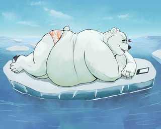 anthro belly big_belly black_nose body_hair cellphone clothing cloud detailed_background electronics fur ice lying male obese obese_male on_front outside overweight overweight_anthro overweight_male paws phone ring sky smartphone smile solo tail underwear water white_body sato_leone bear mammal polar_bear ursine 2023 absurd_res digital_media_(artwork) hi_res