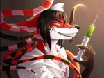 anthro clothing facial_hair fur male nurse_clothing red_body red_fur simple_background solo syringe white_body white_fur yellow_eyes pentarune lapfox_trax renard_queenston canid canine fox hybrid mammal 2021