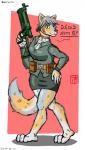 anthro breasts clothed clothing female fully_clothed fur gun hair island military ranged_weapon simple_background soldier solo standing uniform warrior weapon alvidz zafronika canid canine fox mammal 2019 4:7 digital_media_(artwork) hi_res