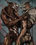 blue_tongue butt duo eye_contact hand_on_cheek hand_on_shoulder looking_at_another male male/male muscular muscular_male nude open_mouth standing tongue tongue_out silvermittt bioware electronic_arts mass_effect garrus_vakarian nihlus_kryik alien turian