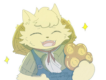 anthro bolo_tie bread clothing eyes_closed food fur hat headgear headwear male male_anthro overalls smile solo straw_hat yellow_body yellow_fur young young_anthro young_male chihuahua_1003 cyberconnect2 fuga:_melodies_of_steel little_tail_bronx boron_brioche domestic_cat felid feline felineko felis mammal 4:3 absurd_res hi_res