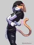 anthro beanie black_beanie black_clothing black_hat black_headwear black_hoodie black_topwear bottomwear clothing female gun hat headgear headwear hoodie lidded_eyes mottled pants piebald ranged_weapon simple_background solo topwear torn_clothing weapon joshopaisen epic_games fortnite meow_skulls calico_cat domestic_cat felid feline felis mammal 2022 artist_name hi_res portrait shaded soft_shading three-quarter_portrait