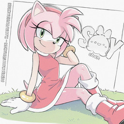 anthro bedroom_eyes black_nose boots bracelet clothing dress female footwear gloves green_eyes hair hand_behind_head handwear jewelry narrowed_eyes pink_hair red_boots red_clothing red_dress red_footwear seductive shoes short_dress short_hair sitting smile solo white_clothing white_gloves white_handwear soy-chan sega sonic_the_hedgehog_(series) amy_rose eulipotyphlan hedgehog mammal 1:1