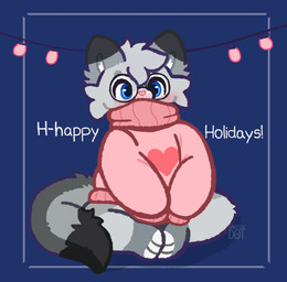 anthro blue_eyes blush bottomless bottomless_anthro bottomless_male clothed clothing covered_mouth crossed_legs dipstick_ears dipstick_tail dipstick_toes ear_markings eyewear fur glasses grey_body hair heart_symbol holiday_message holidays lights looking_at_viewer male markings multicolored_ears oversized_clothing oversized_topwear pink_nose round_glasses simple_background sitting sitting_on_ground solo string_lights sweater tail tail_markings text topwear turtleneck artistic_dot christmas nixuelle domestic_cat egyptian_mau felid feline felis mammal digital_media_(artwork) english_text hi_res