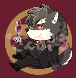 alcohol anthro beverage blush chibi clothing container cup drinking_glass eyebrows glass glass_container glass_cup red_sclera scar sitting solo suit thick_eyebrows wine wine_glass fuyoudo624 lifewonders tokyo_afterschool_summoners shino_(tas) canid canine canis domestic_dog mammal